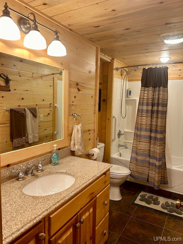 full bathroom with tile patterned floors, vanity, shower / tub combo with curtain, wooden walls, and wooden ceiling