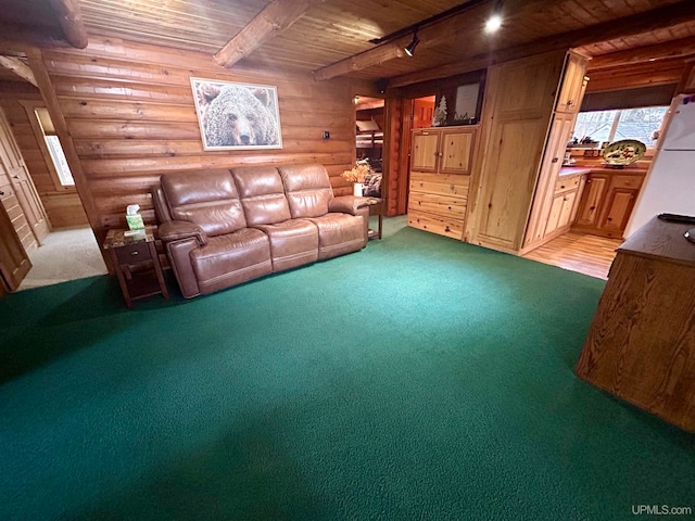 living room with carpet flooring, rustic walls, wooden ceiling, beamed ceiling, and wood walls