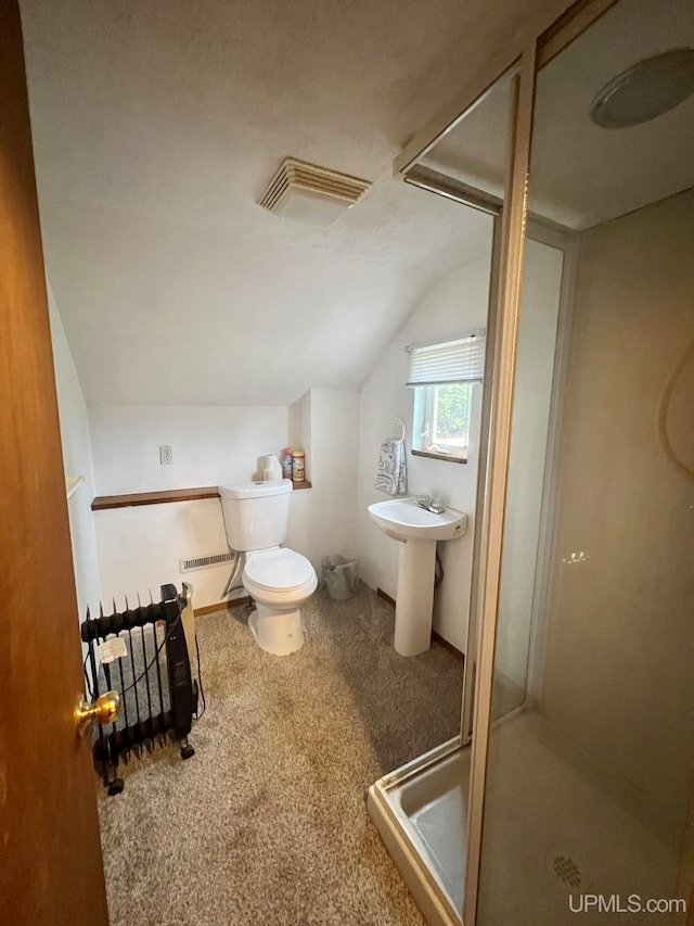 bathroom with toilet, vaulted ceiling, a shower with door, and sink