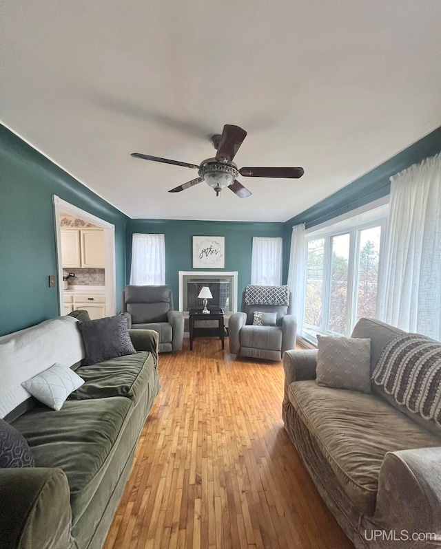 living room with light hardwood / wood-style floors and ceiling fan