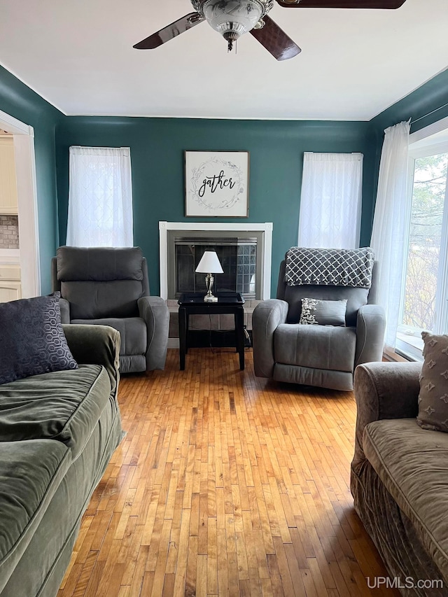 living room with ceiling fan and light wood-type flooring