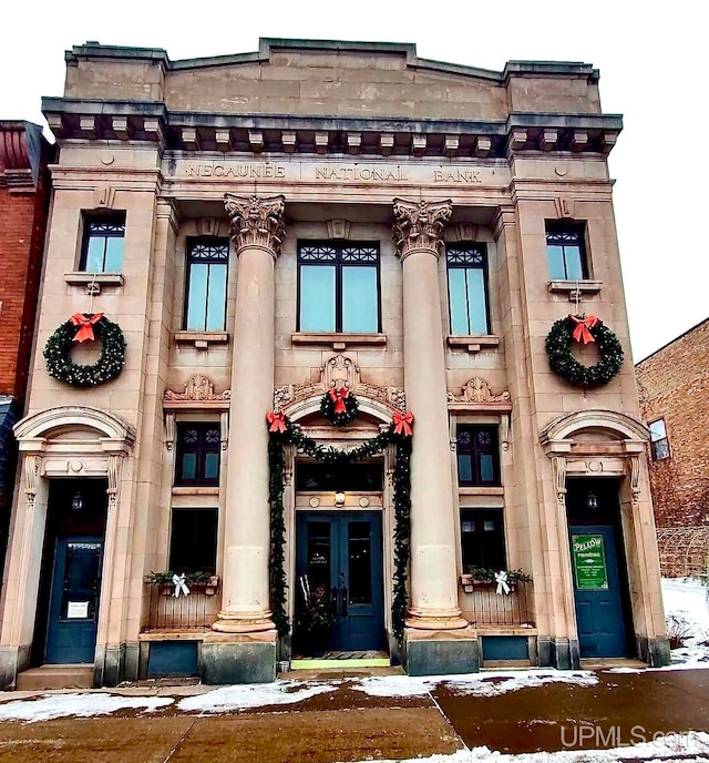 view of snow covered building