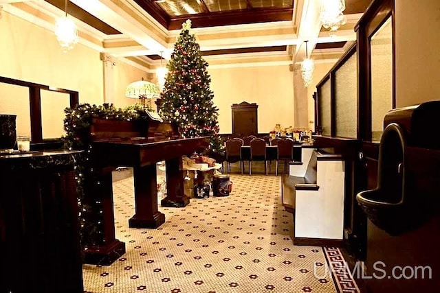 318 Iron St, Negaunee, MI 49866 - building lobby featuring ornamental molding, coffered ceiling, and beam ceiling