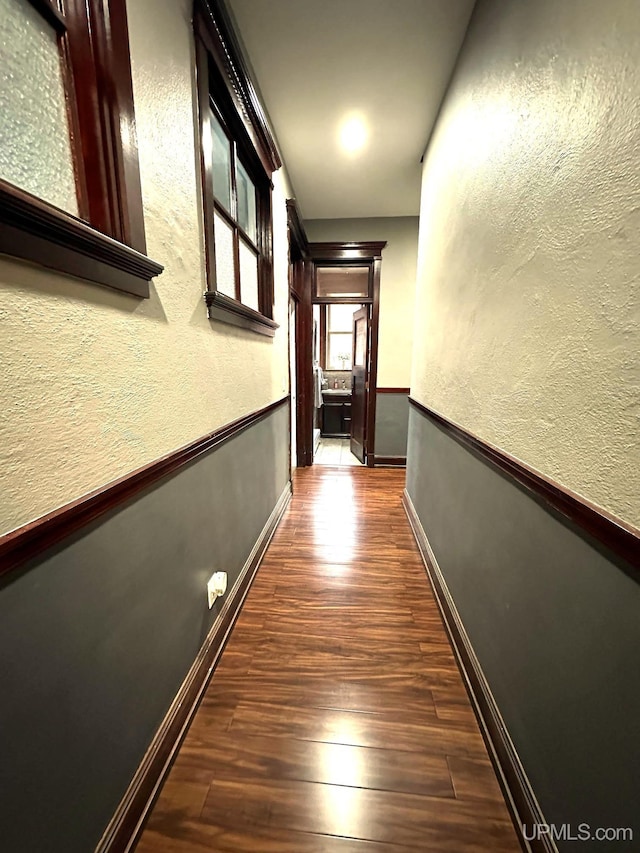 corridor with dark wood-type flooring