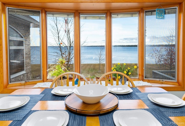 dining area with a water view