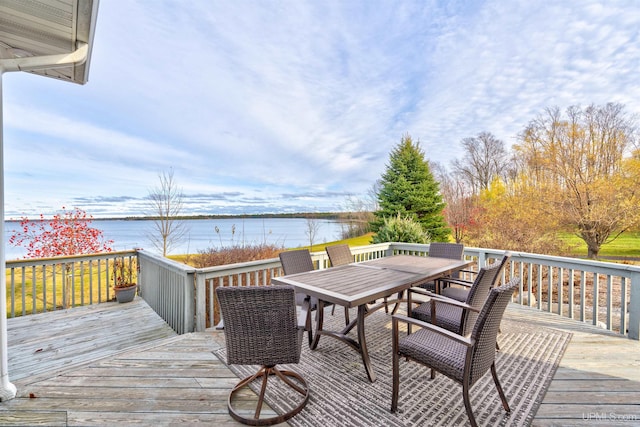 deck featuring a water view