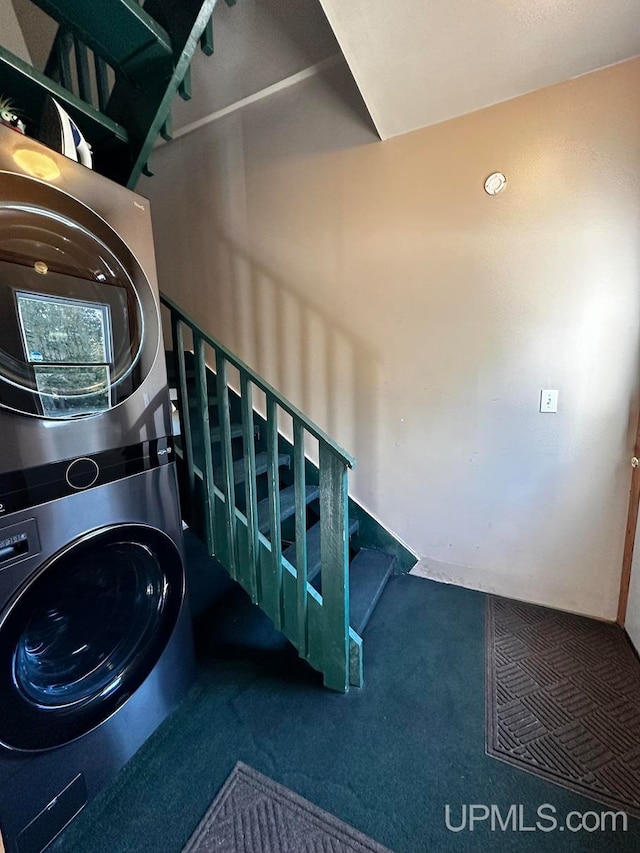 staircase with stacked washing maching and dryer and carpet