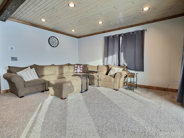 carpeted living room featuring wooden ceiling