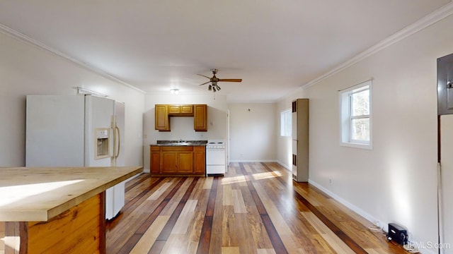 kitchen featuring wood-type flooring, white appliances, ceiling fan, and ornamental molding