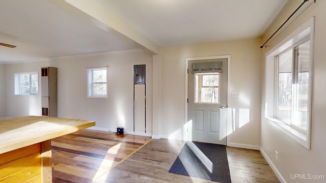 foyer entrance with hardwood / wood-style floors, plenty of natural light, and ornamental molding