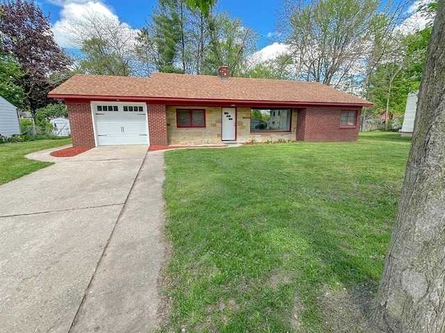 single story home featuring a front yard and a garage