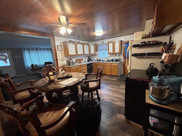 dining space with dark hardwood / wood-style flooring, ceiling fan, wooden ceiling, and sink