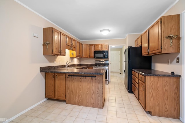 kitchen featuring kitchen peninsula, ornamental molding, sink, black appliances, and light tile patterned floors