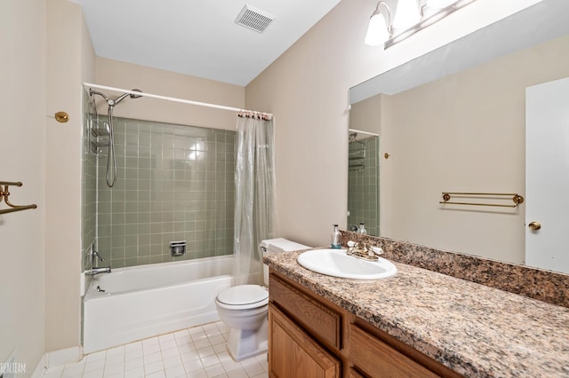 full bathroom with tile patterned flooring, shower / bath combination with curtain, toilet, and vanity