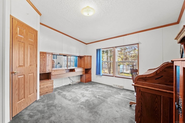 office space featuring carpet, crown molding, a textured ceiling, and vaulted ceiling