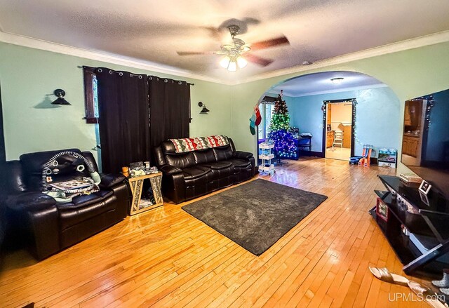 657 Lake Ave, Ironwood, MI 49938 - living room featuring arched walkways, a ceiling fan, wood-type flooring, and crown molding