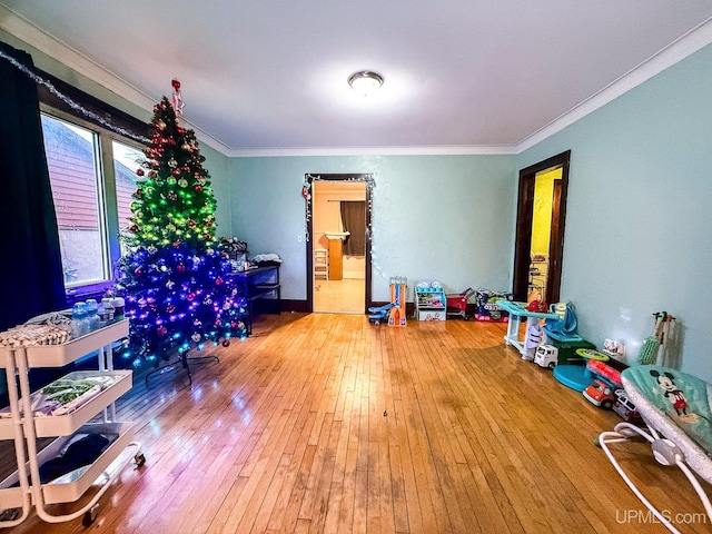 playroom featuring hardwood / wood-style floors and crown molding