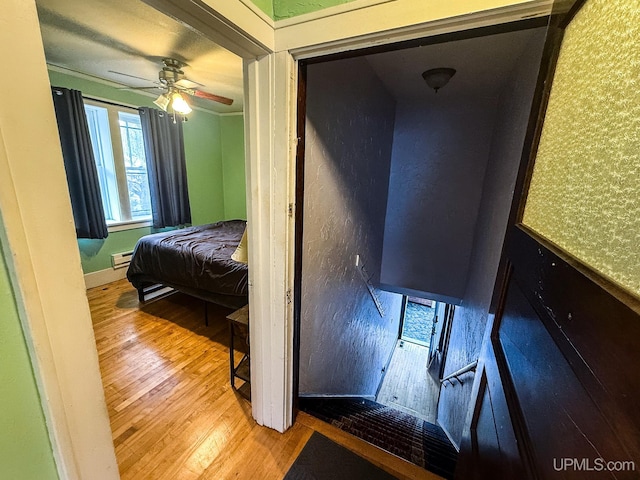 bedroom featuring ceiling fan, light wood-type flooring, and a baseboard radiator