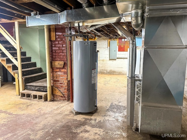 657 Lake Ave, Ironwood, MI 49938 - unfinished below grade area with water heater, electric panel, heating unit, and stairs