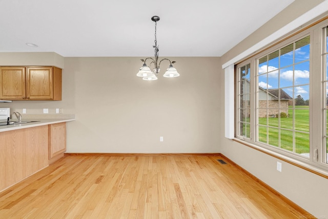 kitchen with a chandelier, hanging light fixtures, a healthy amount of sunlight, and light hardwood / wood-style floors