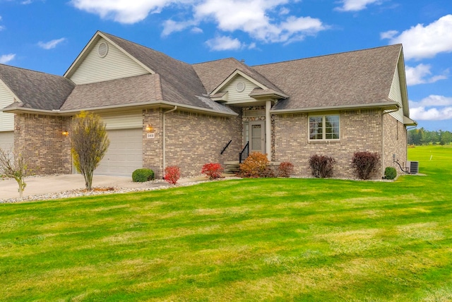 ranch-style home featuring central air condition unit and a front lawn