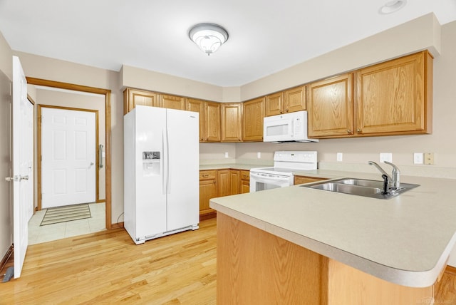 kitchen featuring light wood-type flooring, white appliances, kitchen peninsula, and sink