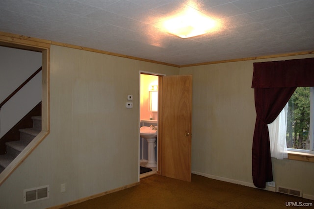 carpeted spare room with crown molding