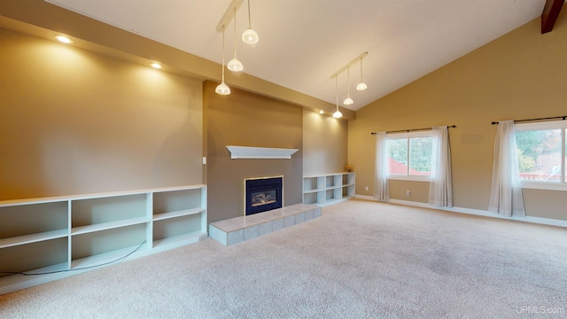 unfurnished living room featuring carpet flooring, a tile fireplace, and high vaulted ceiling