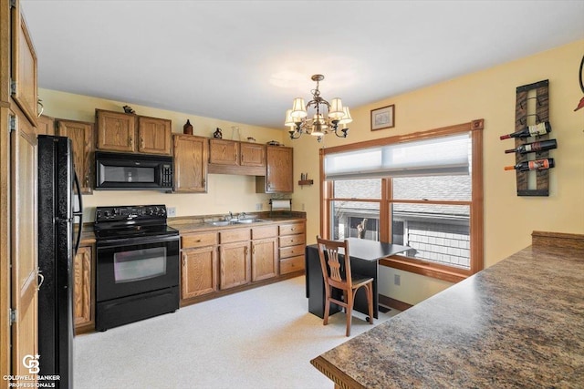 kitchen featuring sink, light colored carpet, black appliances, and an inviting chandelier