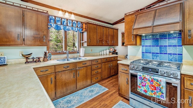 kitchen featuring sink, high end stainless steel range oven, crown molding, hardwood / wood-style floors, and lofted ceiling