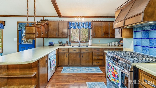 kitchen featuring tasteful backsplash, custom range hood, high end stove, sink, and wood-type flooring