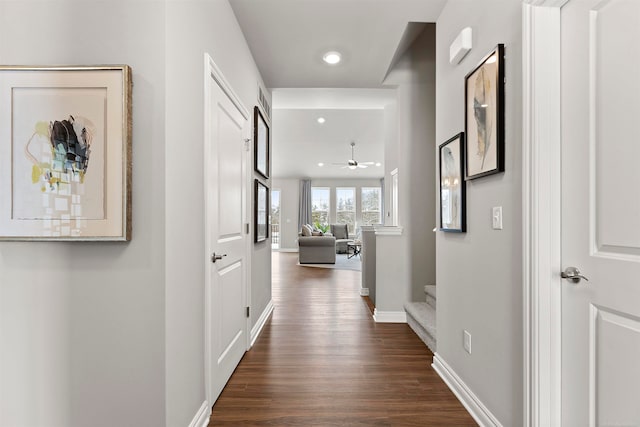 corridor with dark hardwood / wood-style flooring