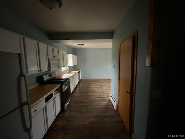 kitchen featuring white appliances, dark wood-type flooring, a baseboard heating unit, sink, and white cabinetry