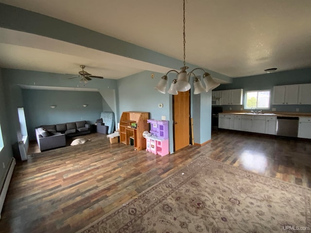 kitchen featuring white cabinetry, dishwasher, dark wood-type flooring, baseboard heating, and ceiling fan with notable chandelier