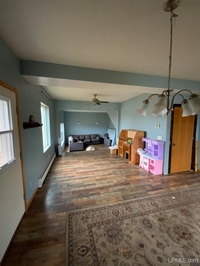 living room with ceiling fan, wood-type flooring, and baseboard heating