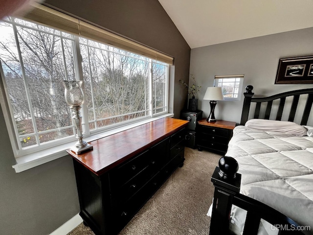 carpeted bedroom featuring vaulted ceiling