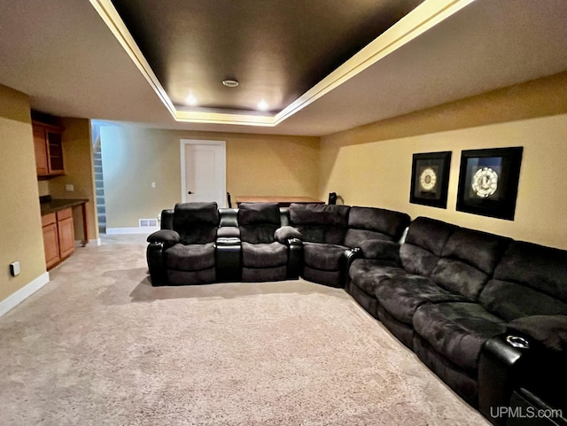 home theater room featuring light colored carpet and a tray ceiling