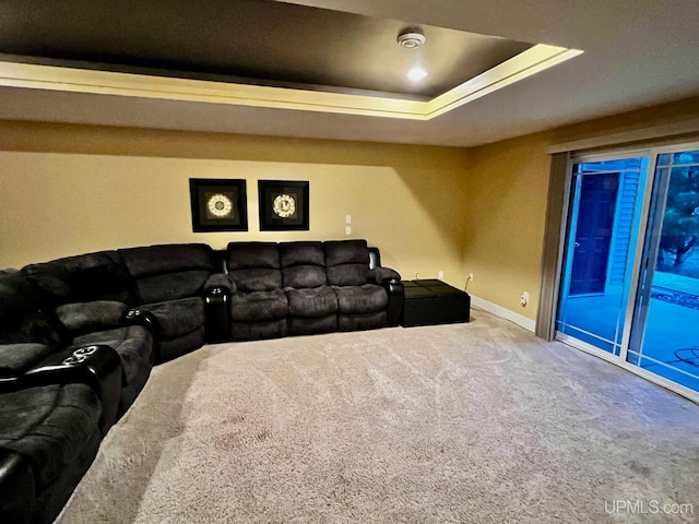 cinema room featuring a raised ceiling and carpet floors