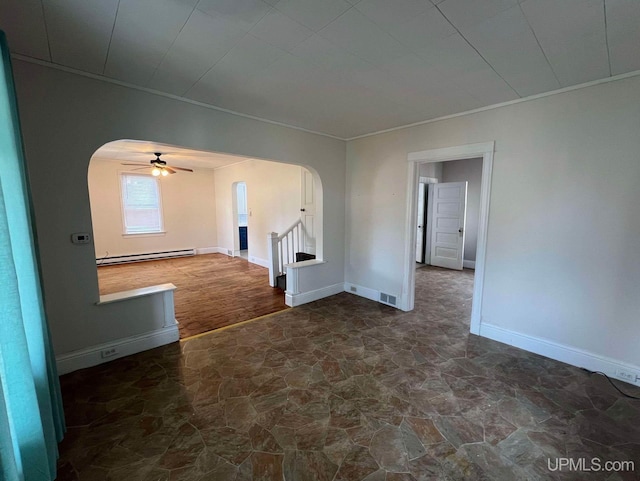 unfurnished room with ceiling fan, dark hardwood / wood-style flooring, ornamental molding, and a baseboard radiator