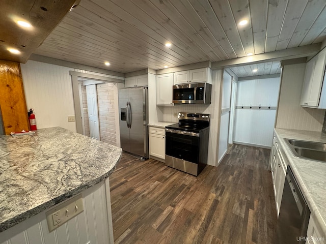 kitchen with white cabinets, wood ceiling, dark wood-type flooring, and appliances with stainless steel finishes