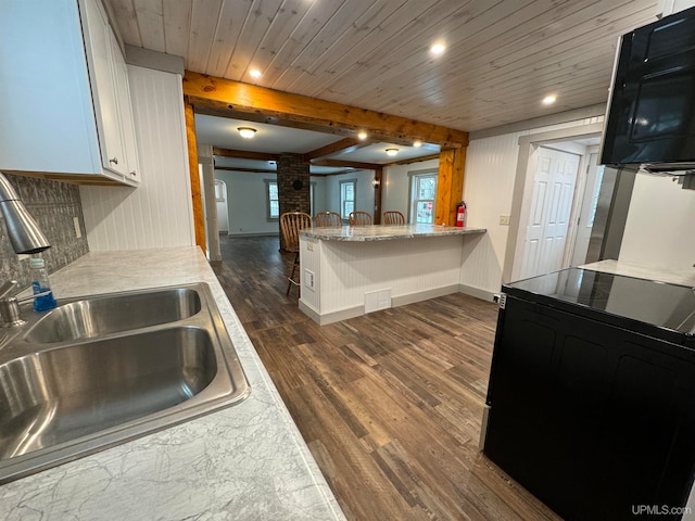 kitchen with wood ceiling, sink, range, dark hardwood / wood-style floors, and white cabinetry