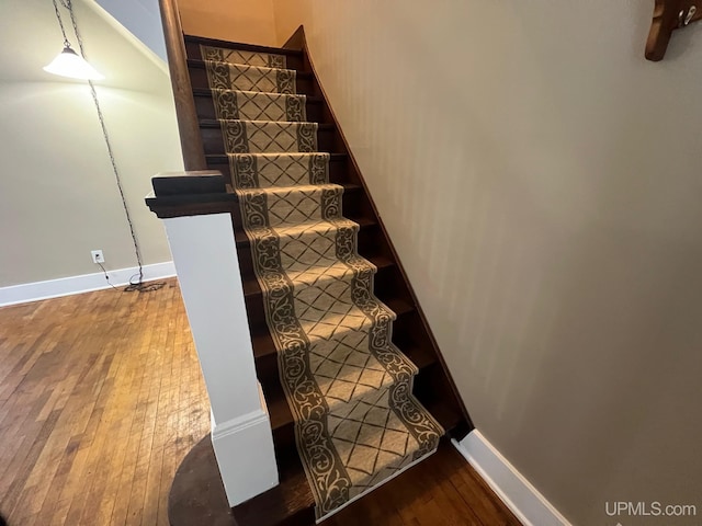 staircase with hardwood / wood-style floors