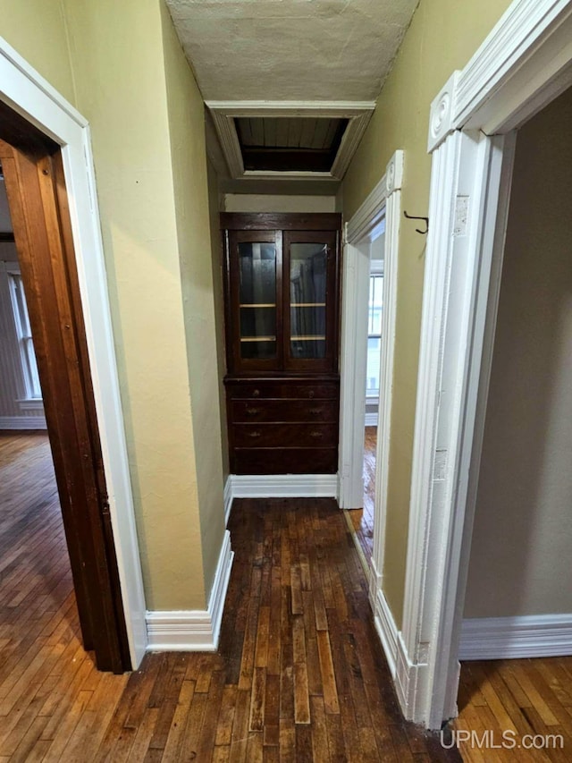 corridor featuring dark hardwood / wood-style flooring