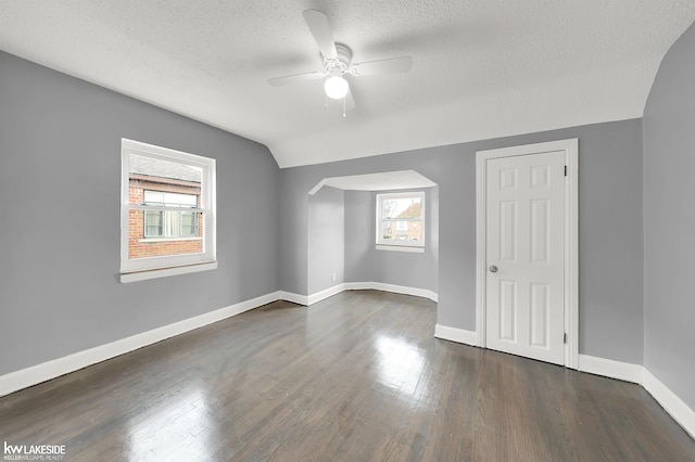 bonus room featuring dark hardwood / wood-style flooring, lofted ceiling, a textured ceiling, and a wealth of natural light