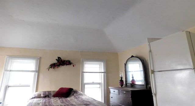 bedroom with white fridge and lofted ceiling