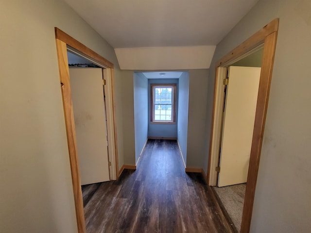 corridor featuring dark hardwood / wood-style floors and vaulted ceiling