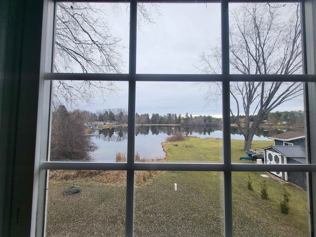 interior details with a water view