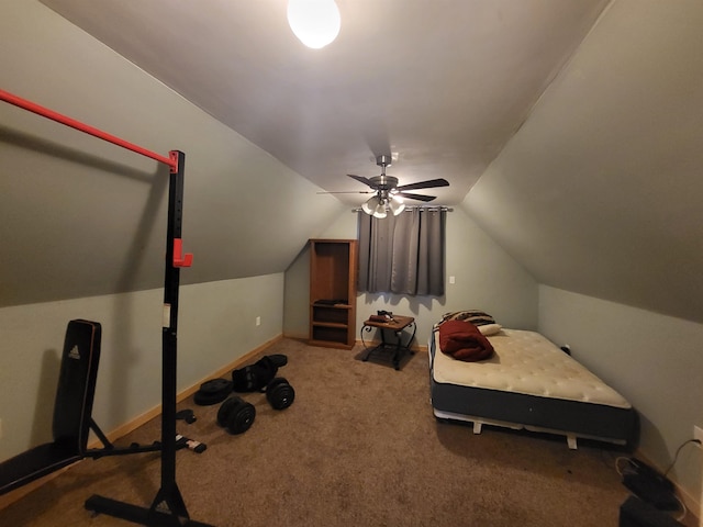 carpeted bedroom with ceiling fan and lofted ceiling