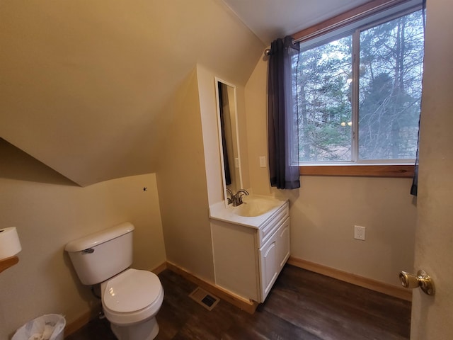 bathroom with vanity, hardwood / wood-style flooring, and toilet