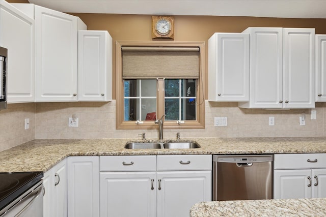 kitchen featuring tasteful backsplash, sink, white cabinets, and stainless steel dishwasher